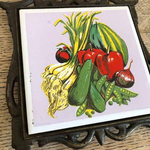 Vintage Cast Iron Vegetable Trivet, Ceramic Tile with Frame - Picture 2 of 5